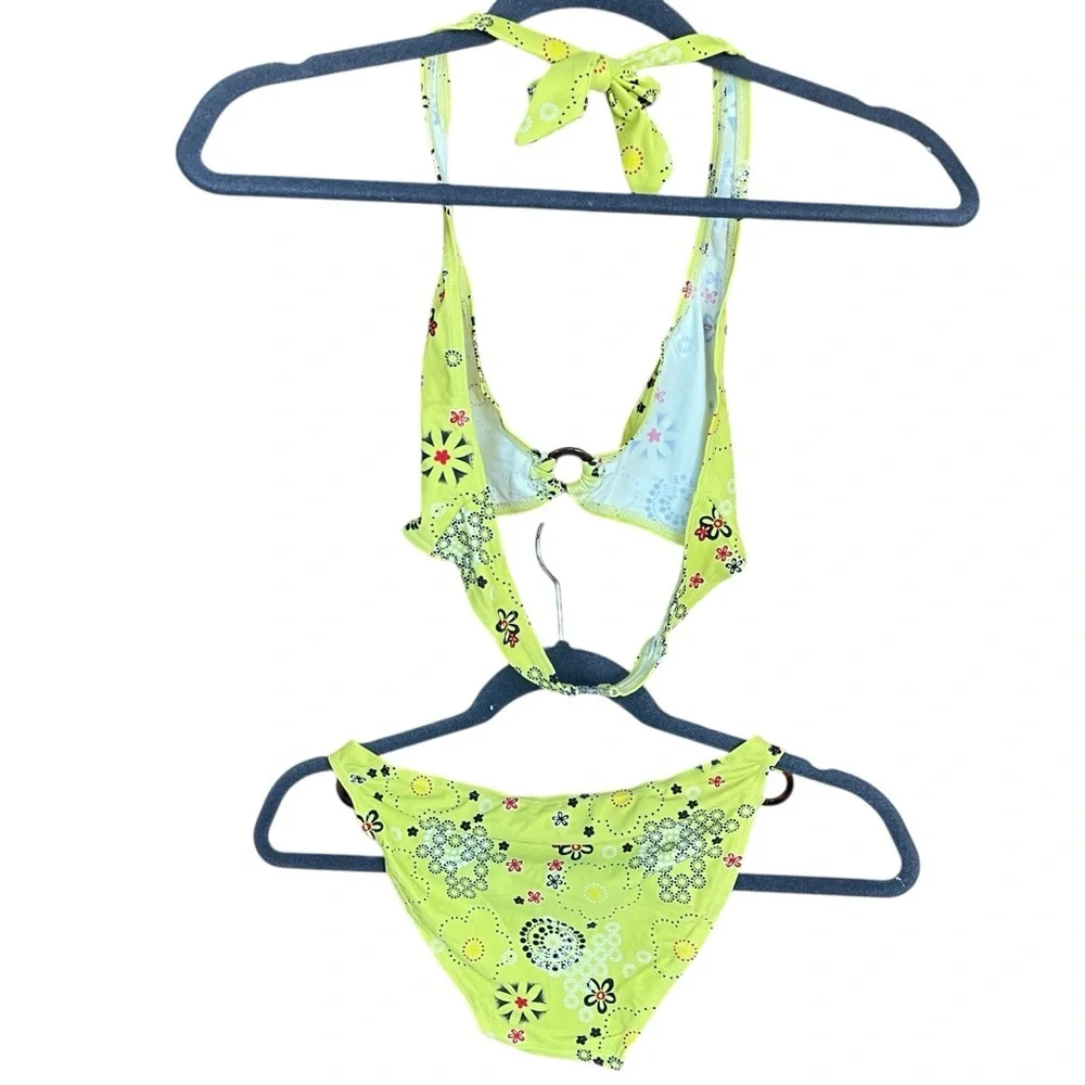 Lime Green Floral Print Halter Bikini - Picture 2 of 4
